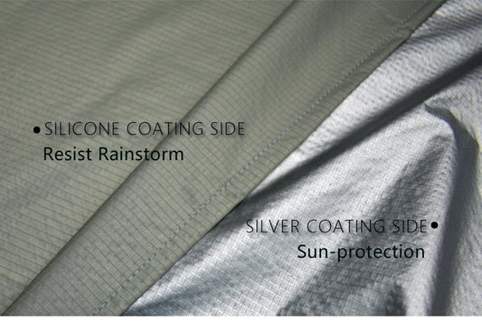 Close-up of silicone and silver coated fabric with text indicating properties.