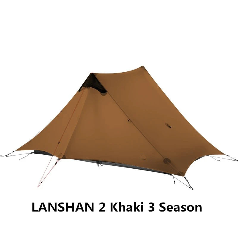Brown tent labeled 'Lanshan 2 Khaki 3 Season' on a white background