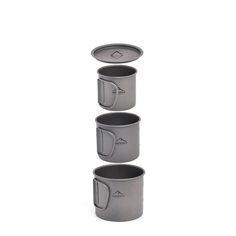 Set of three gray camping mugs with lids on a white background