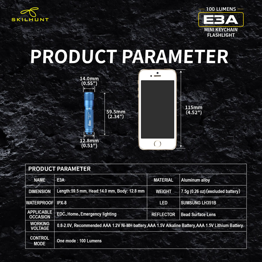 Product parameter card for a mini keychain flashlight with dimensions and features on a dark background.
