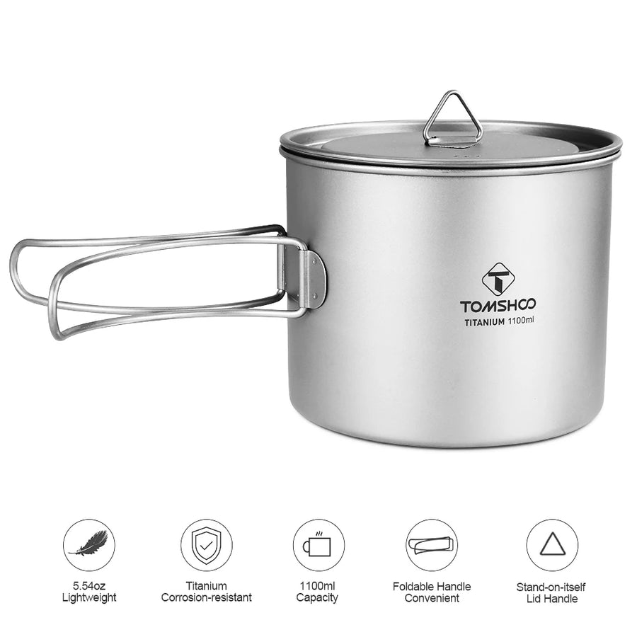titanium pot with lid on a white background, featuring the TOMSHOO brand.