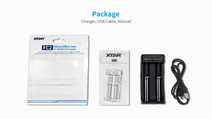 XTAR charger, USB cable, and manual packaging on a white background
