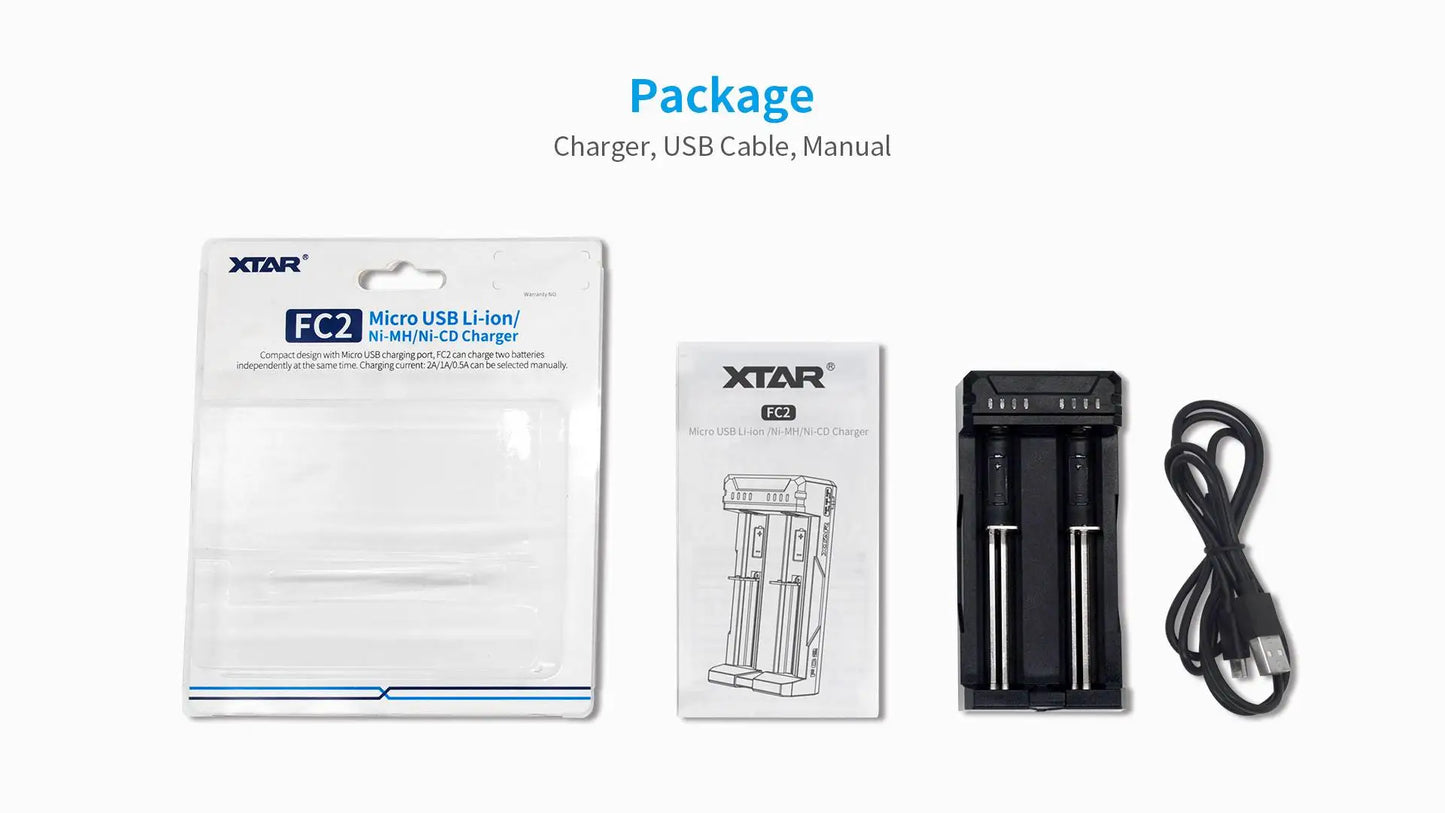 XTAR charger, USB cable, and manual packaging on a white background