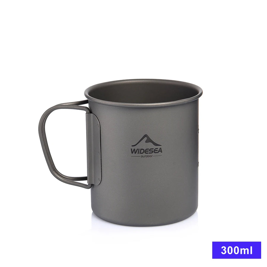 Gray mug with handle and 'Widesea' logo on a white background