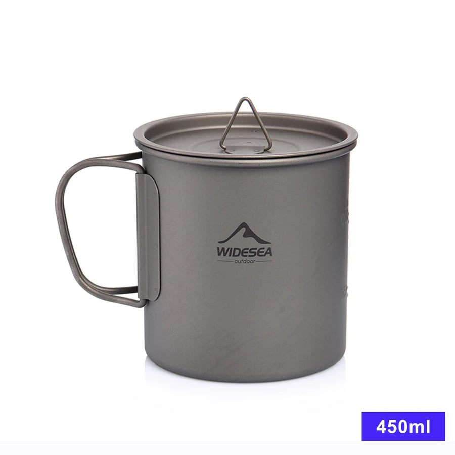 Gray titanium mug with handle and lid on a white background, featuring the Widesea logo.