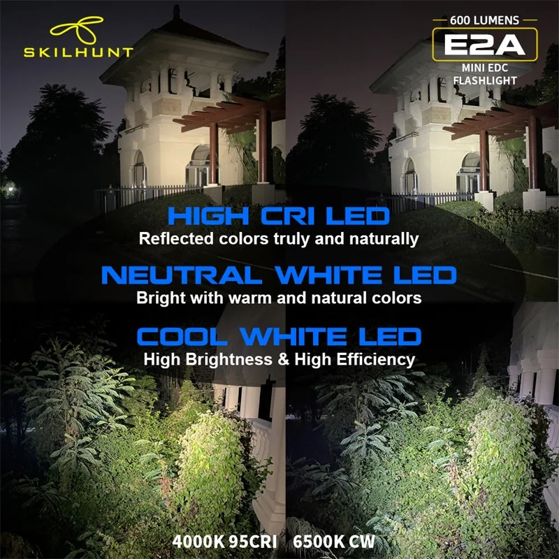 Comparison of LED light colors on a building with Skilhunt branding and E2A flashlight information.
