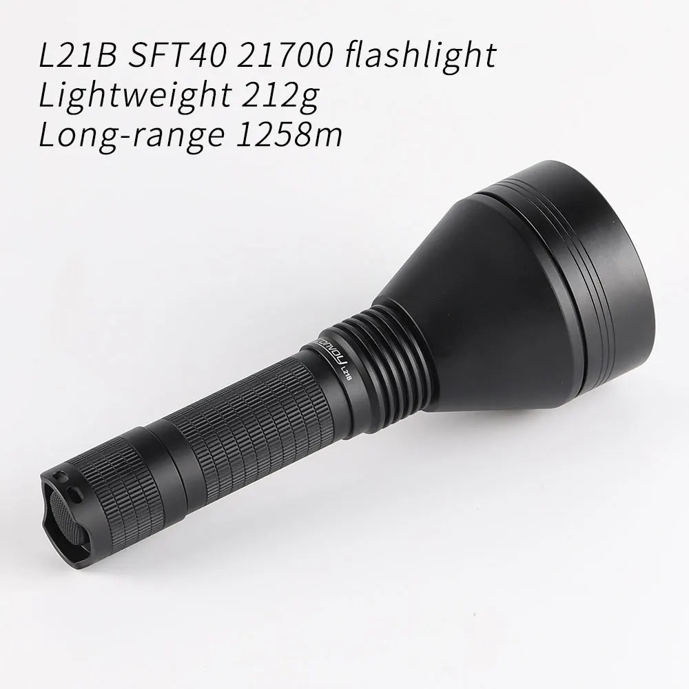Black flashlight on a white background with text detailing specifications.
