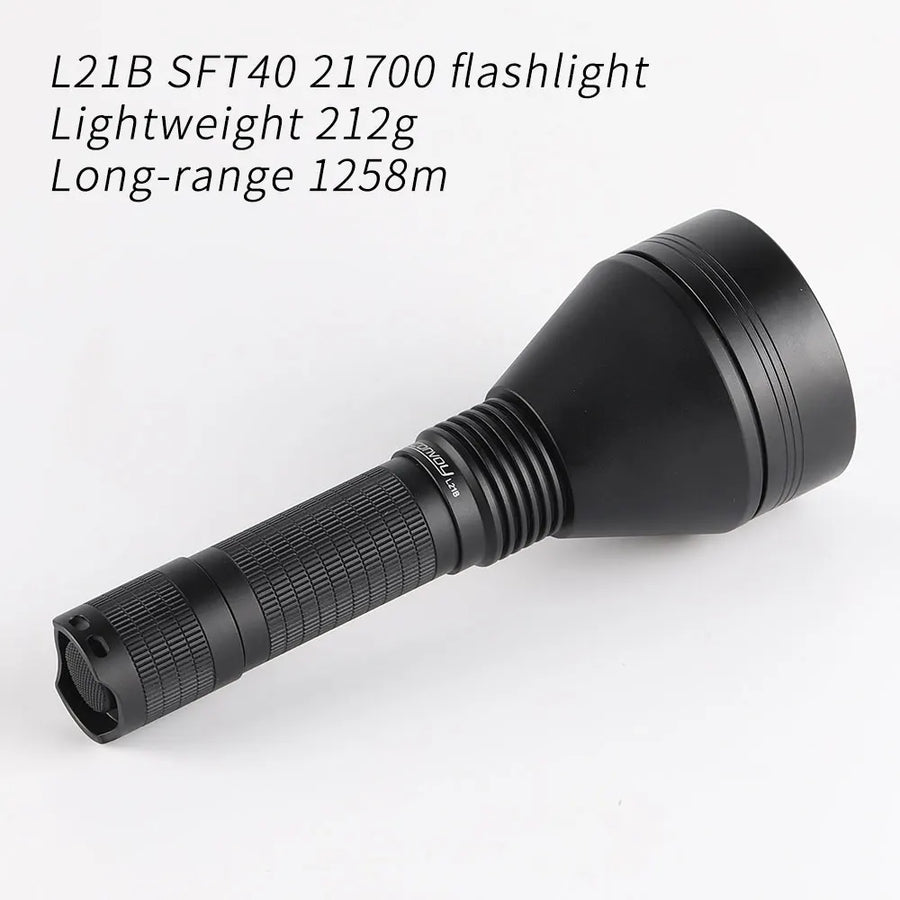 Black flashlight on a white background with text detailing specifications.