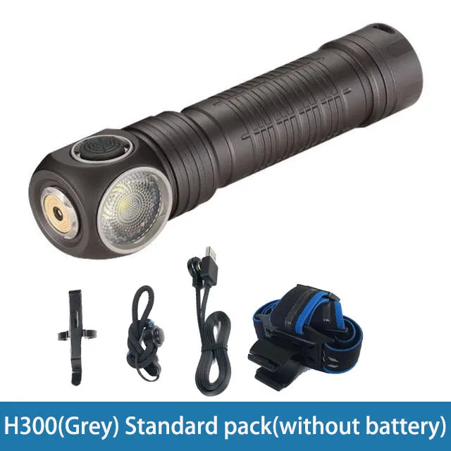 Black flashlight with accessories on a white background
