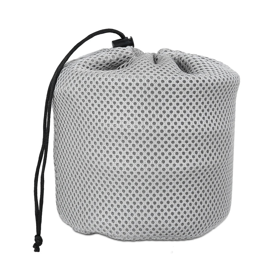 Gray mesh drawstring bag on a white background