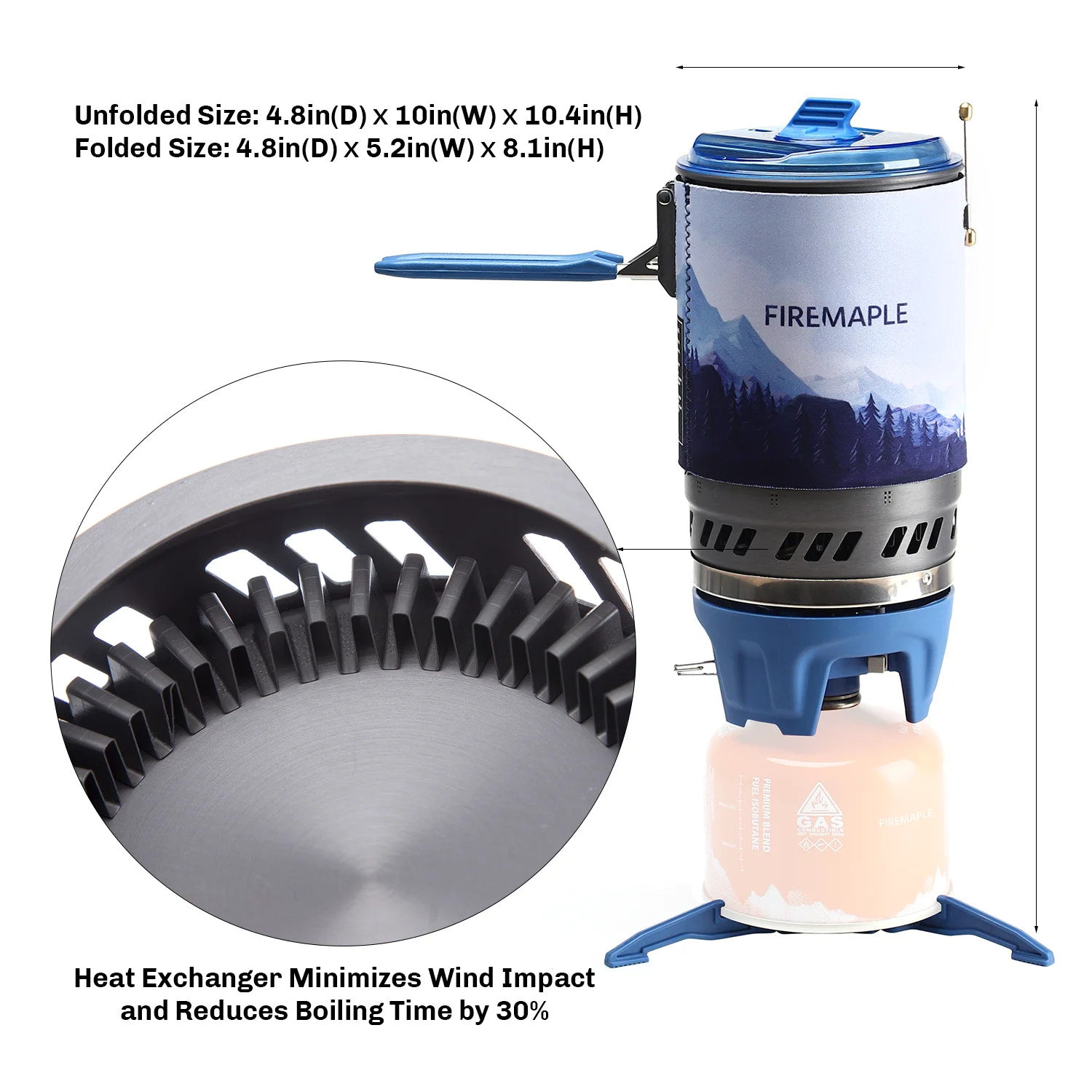 Firemaple camping stove with heat exchanger and measurement details on a white background