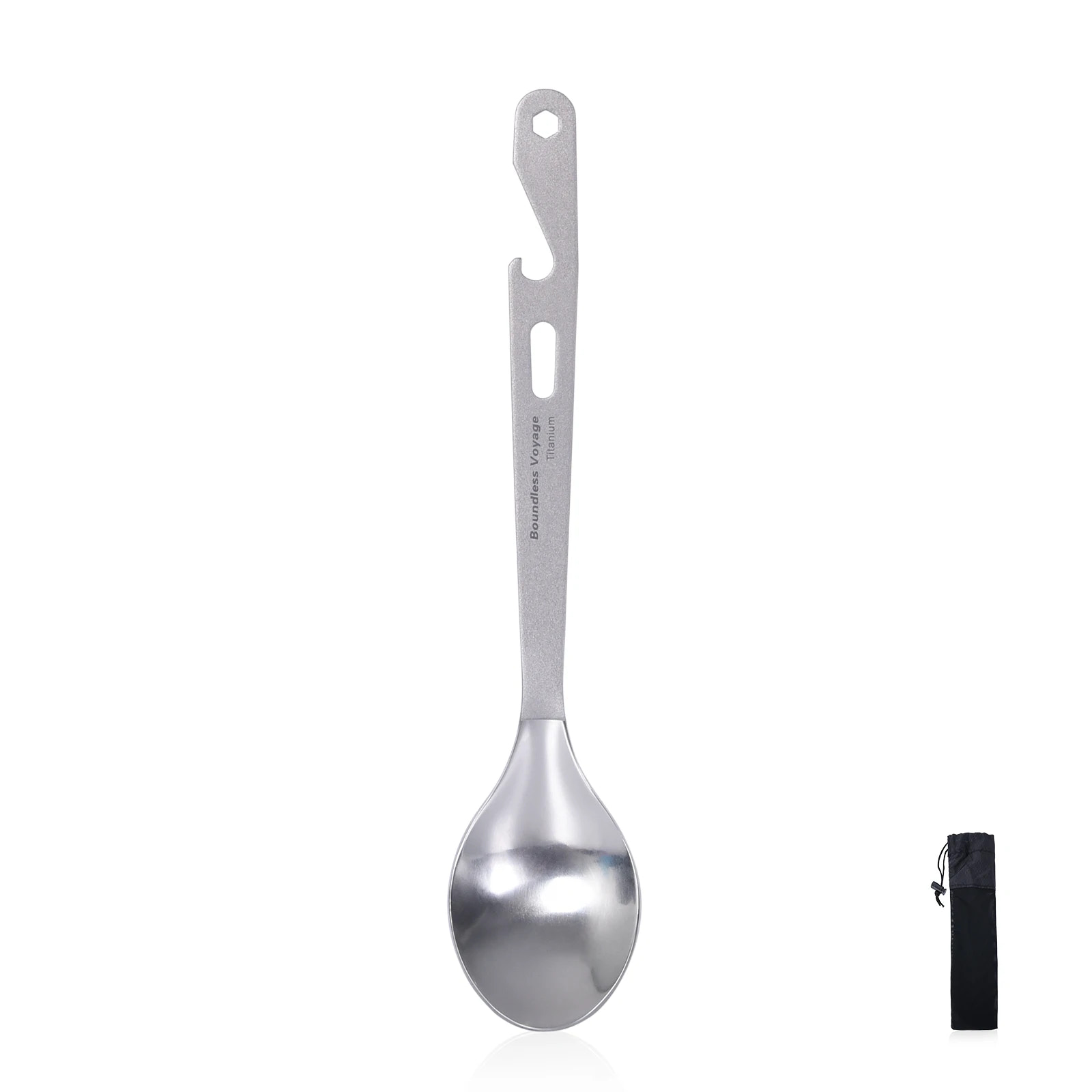 Silver spoon with a black carrying case on a white background