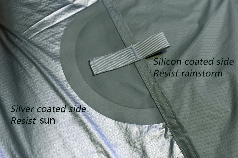 Close-up of a fabric with silicon and silver coatings labeled on a gray background.