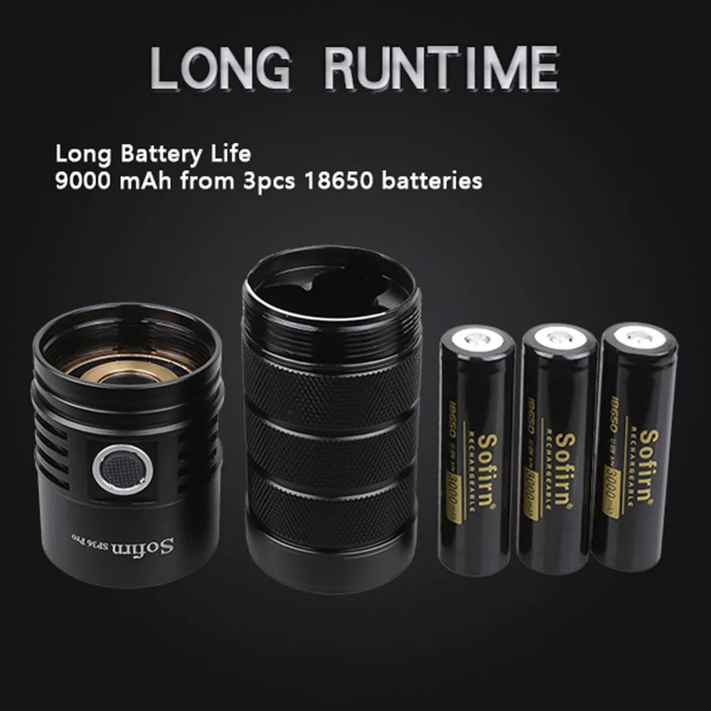 Black flashlight with three 18650 batteries on a black background, highlighting long runtime and battery life.