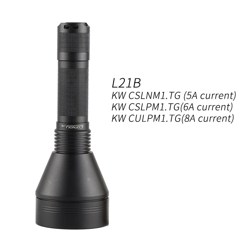 Black flashlight with specifications on a white background