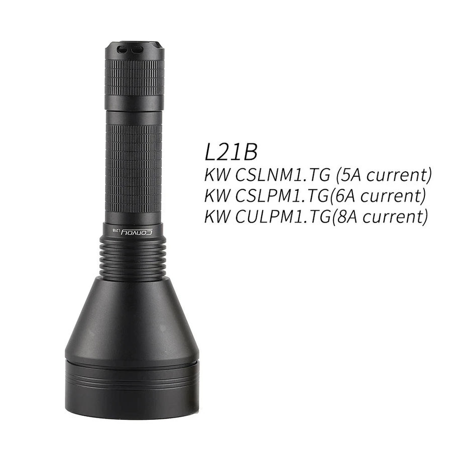 Black flashlight with specifications on a white background