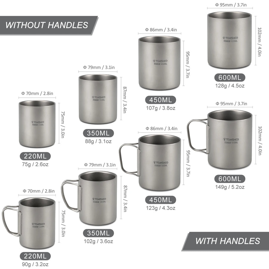 Comparison of titanium mugs with and without handles, showing measurements and weights.