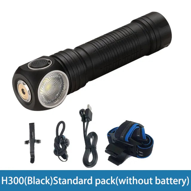 Black flashlight with accessories on a white background