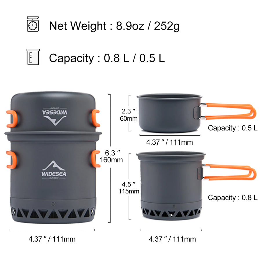 Cooking pot set with measurements and specifications on a white background