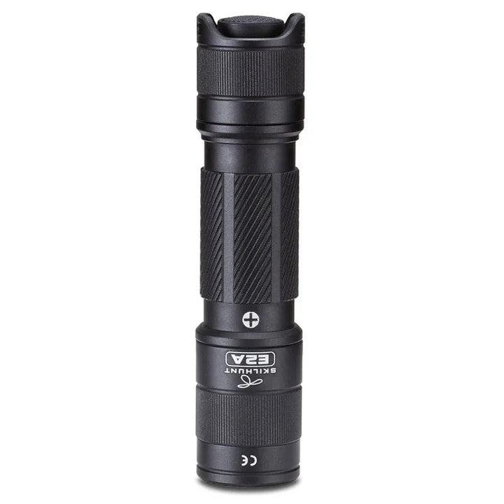 Black flashlight with visible branding on a white background