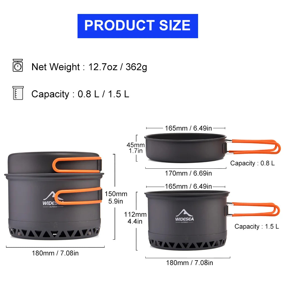 Cooking pots with orange handles and measurements on a white background