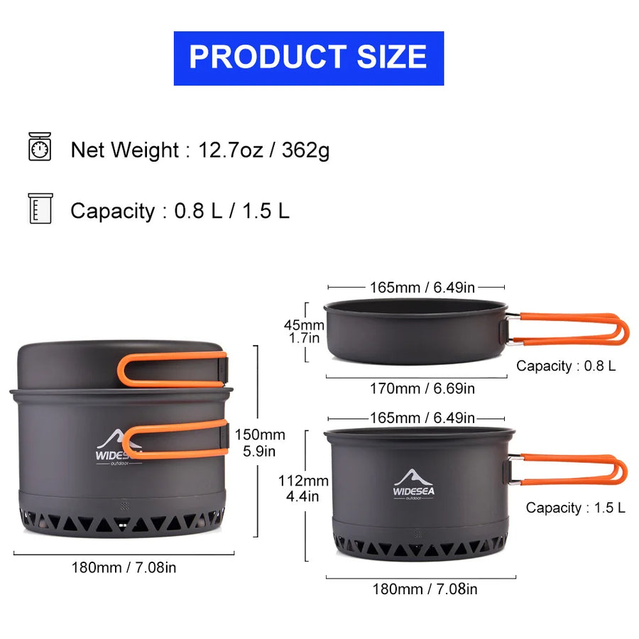Cooking pots with orange handles and measurements on a white background