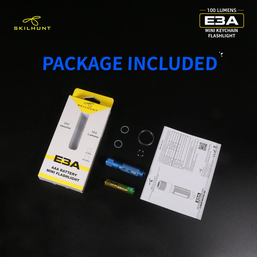 Skilhunt E3A mini keychain flashlight package with flashlight, battery, and instructions on a black background.