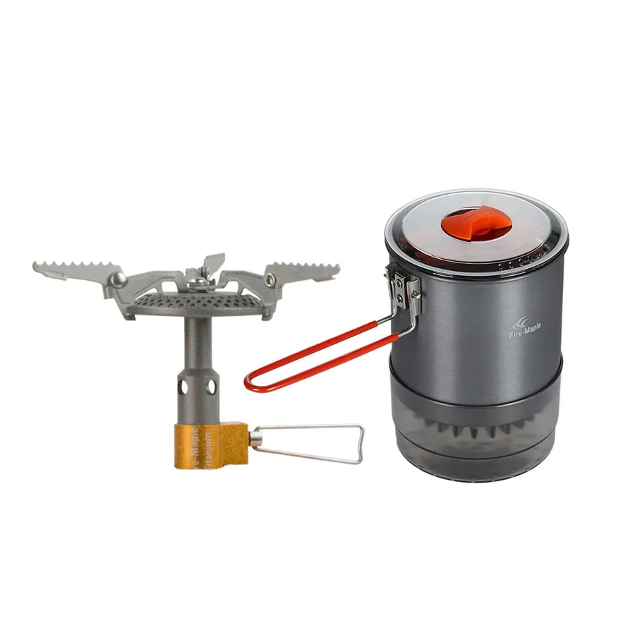 Portable camping stove with pot on a white background