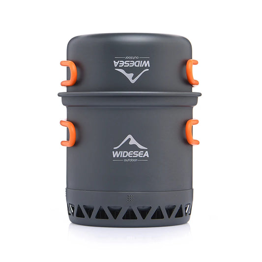 Gray pot set with orange handles and Widesea logo on a white background