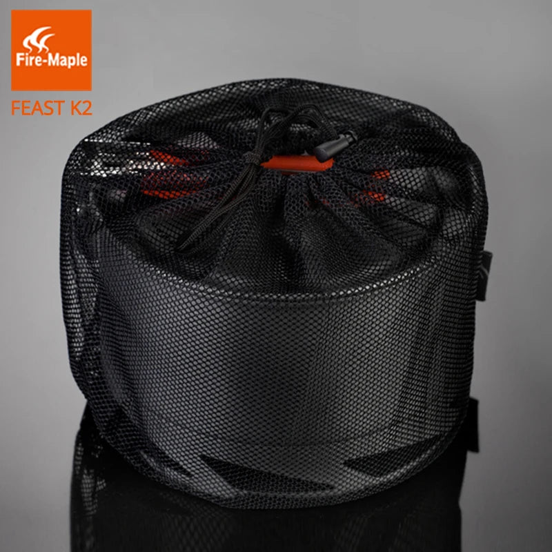Black mesh bag with drawstring on a gray background, featuring Fire-Maple branding.