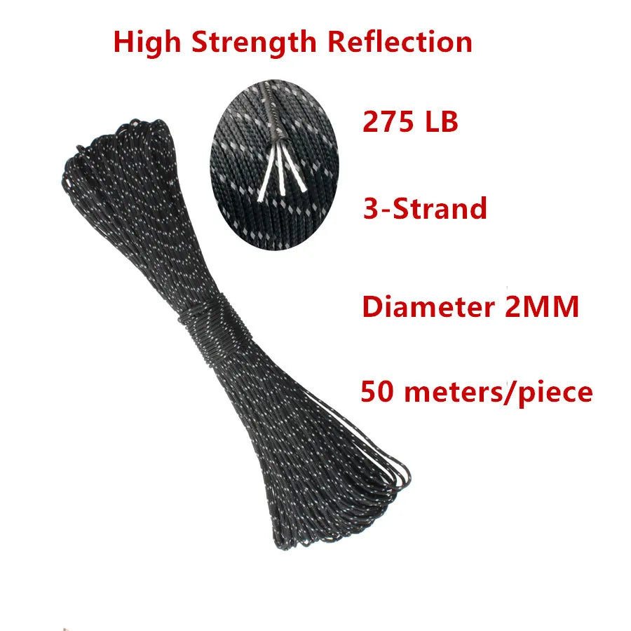 Black rope with text detailing strength, reflection, weight, strand count, diameter, and length on a white background.