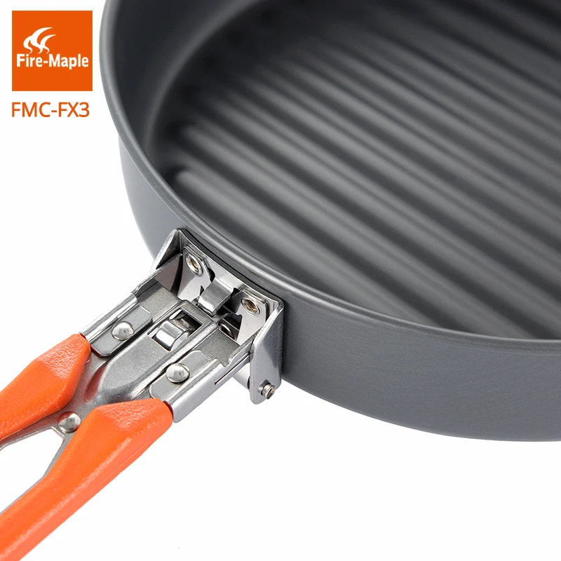 Gray frying pan with orange handles and Fire-Maple logo on a white background