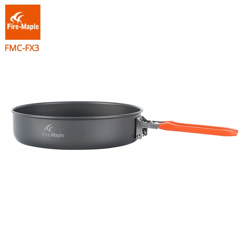 Cooking pan with orange handle and Fire-Maple logo on a white background