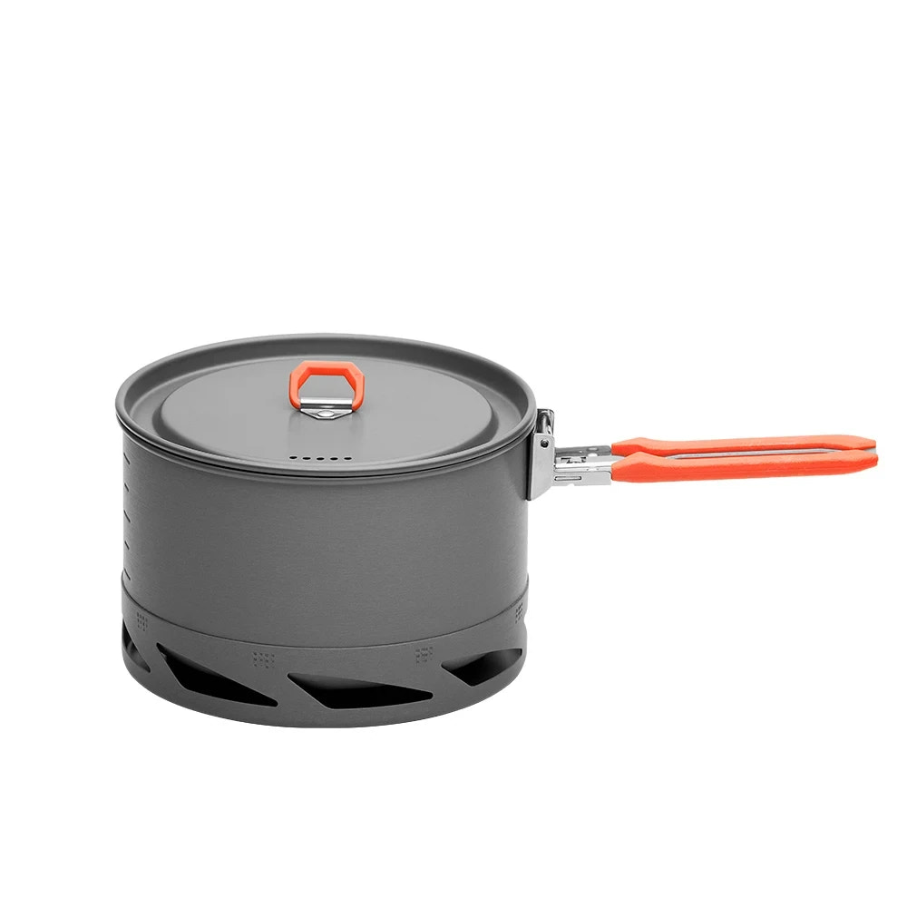 Gray camping pot with orange handle on a white background
