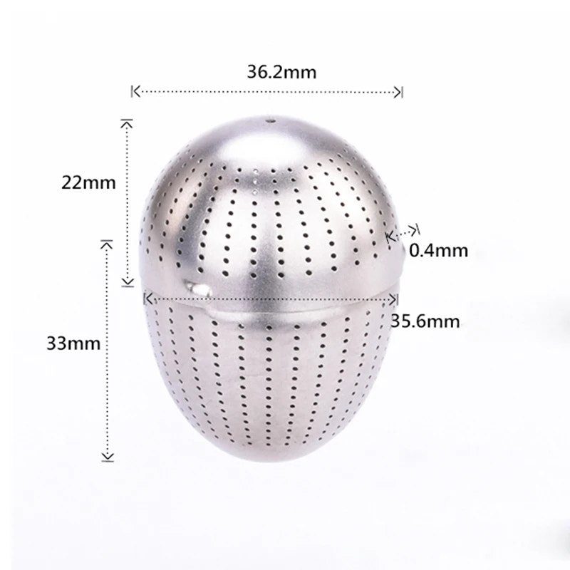Silver metal tea ball with dimensions labeled on a white background