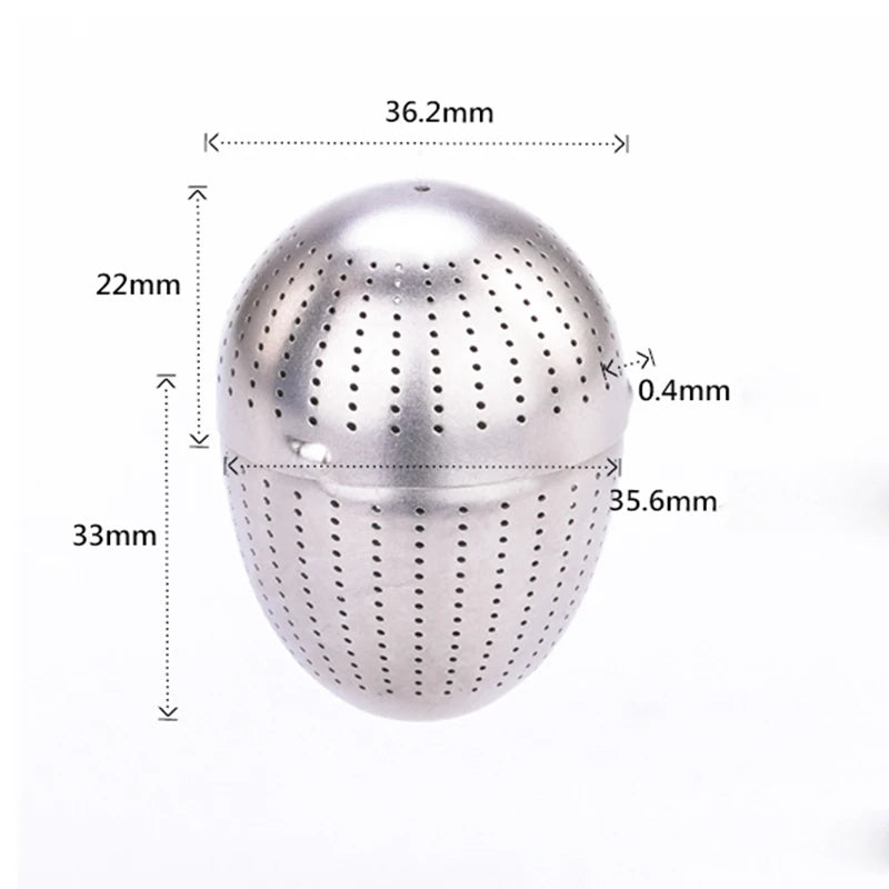 Silver metal tea ball with dimensions labeled on a white background