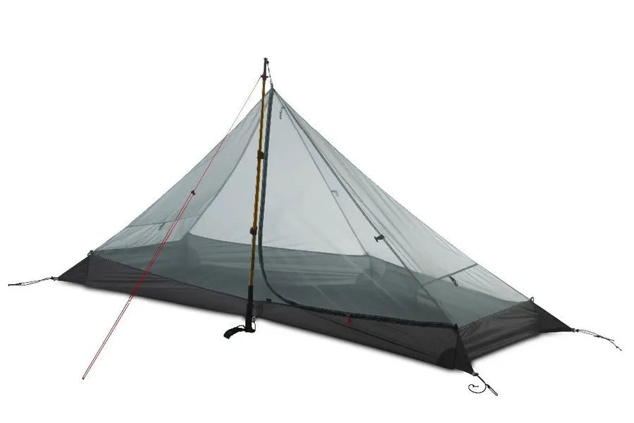 Black and gray camping tent inner with mesh design on a white background
