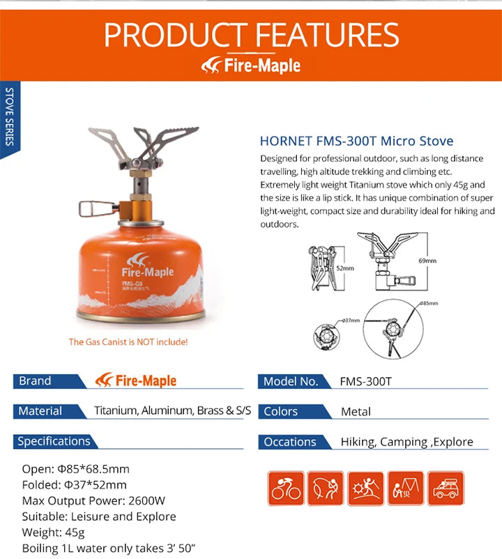 Fire-Maple Hornet FMS-300T micro stove with product features and specifications.