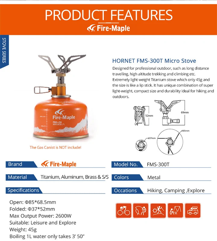 Fire-Maple Hornet FMS-300T micro stove with product features and specifications.