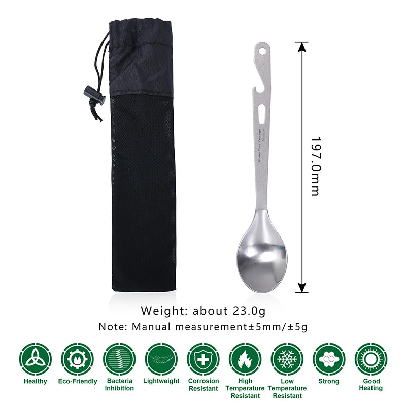 titanium spoon with black drawstring bag and measurements on a white background