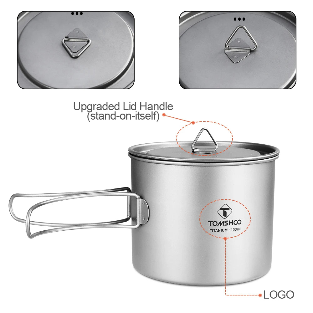 titanium pot with upgraded lid handle and TOMSHOO branding