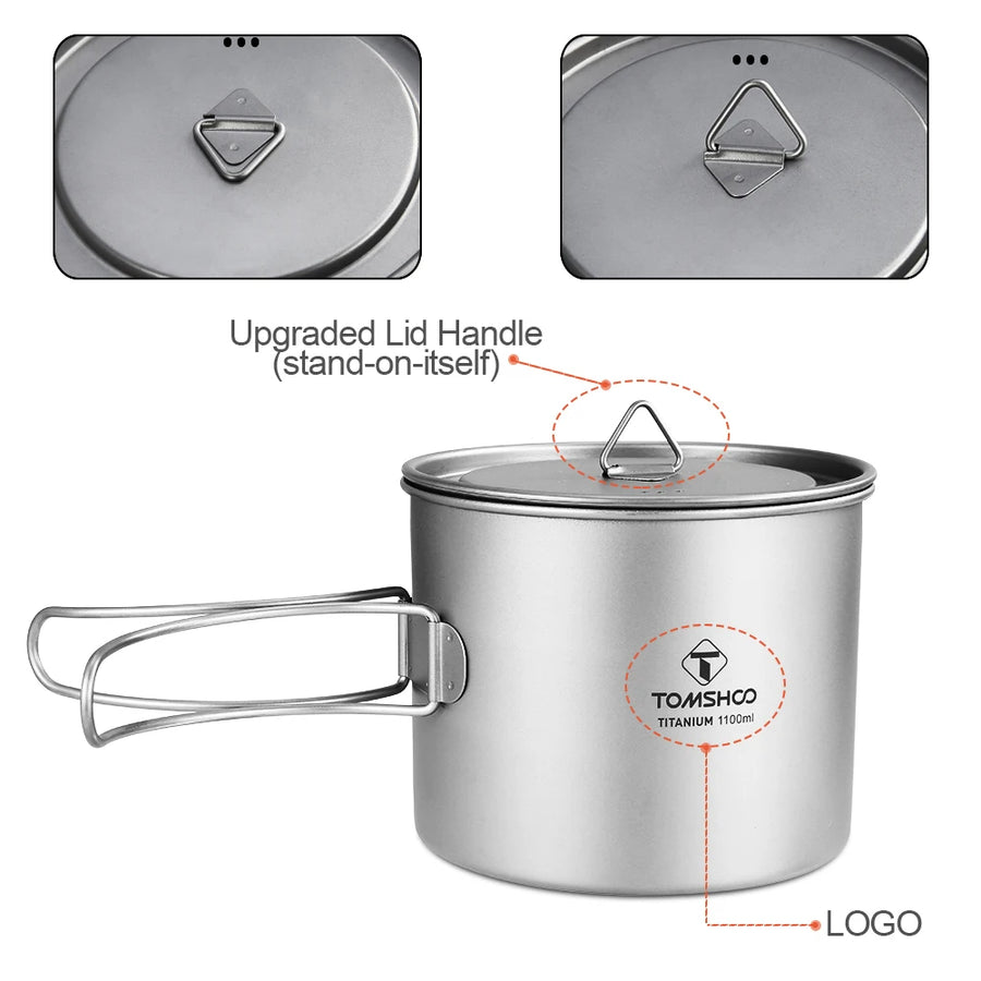 titanium pot with upgraded lid handle and TOMSHOO branding