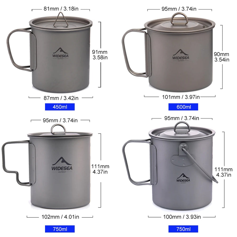 Gray camping mugs with lids and measurements on a white background