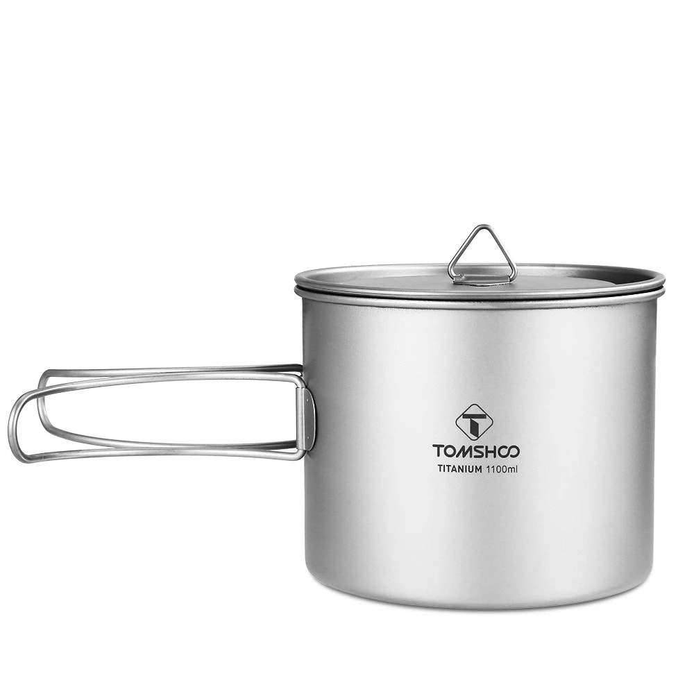 titanium pot with lid on a white background, featuring the TOMSHOO brand.