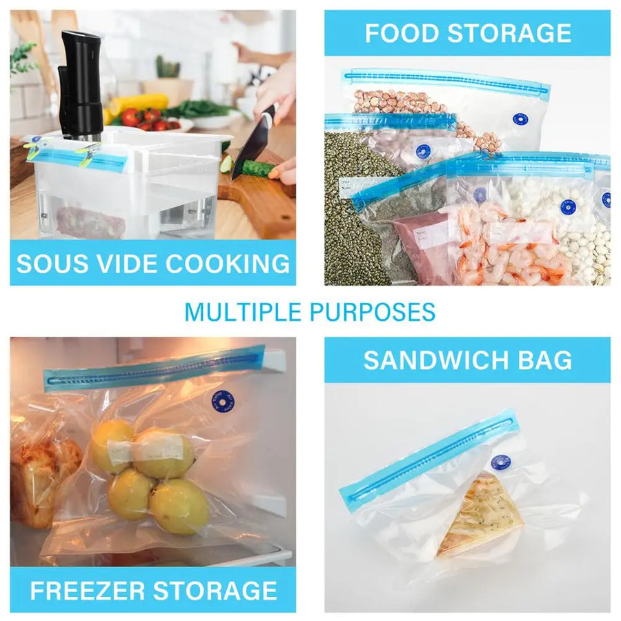 Multifunctional food storage bags with various uses including sous vide cooking, freezer storage, and sandwich packaging.