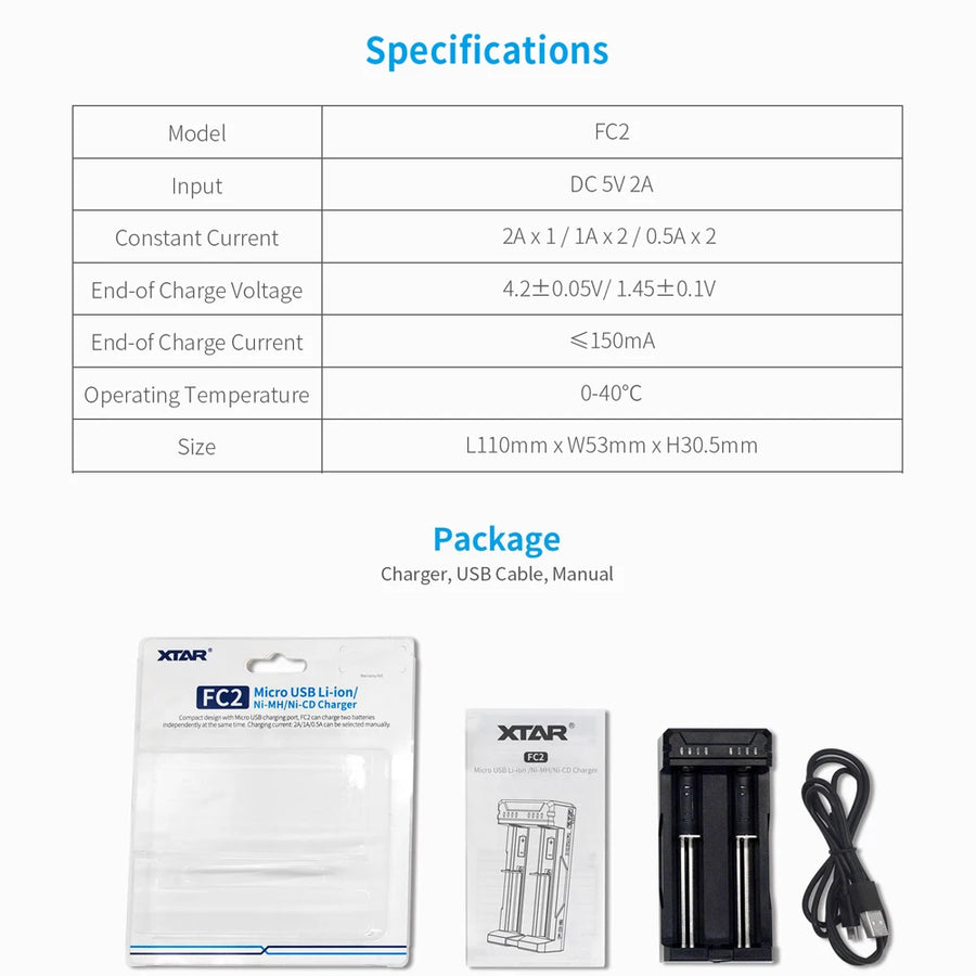 XTAR FC2 charger with packaging, USB cable, and manual on a white background