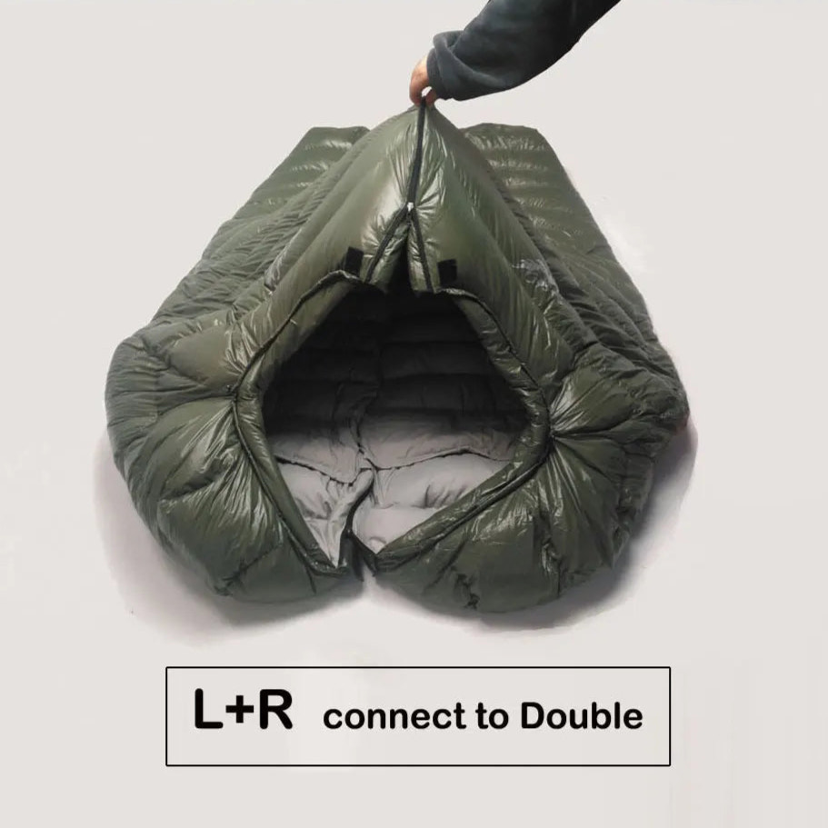 Green sleeping bag with a person holding it open on a white background