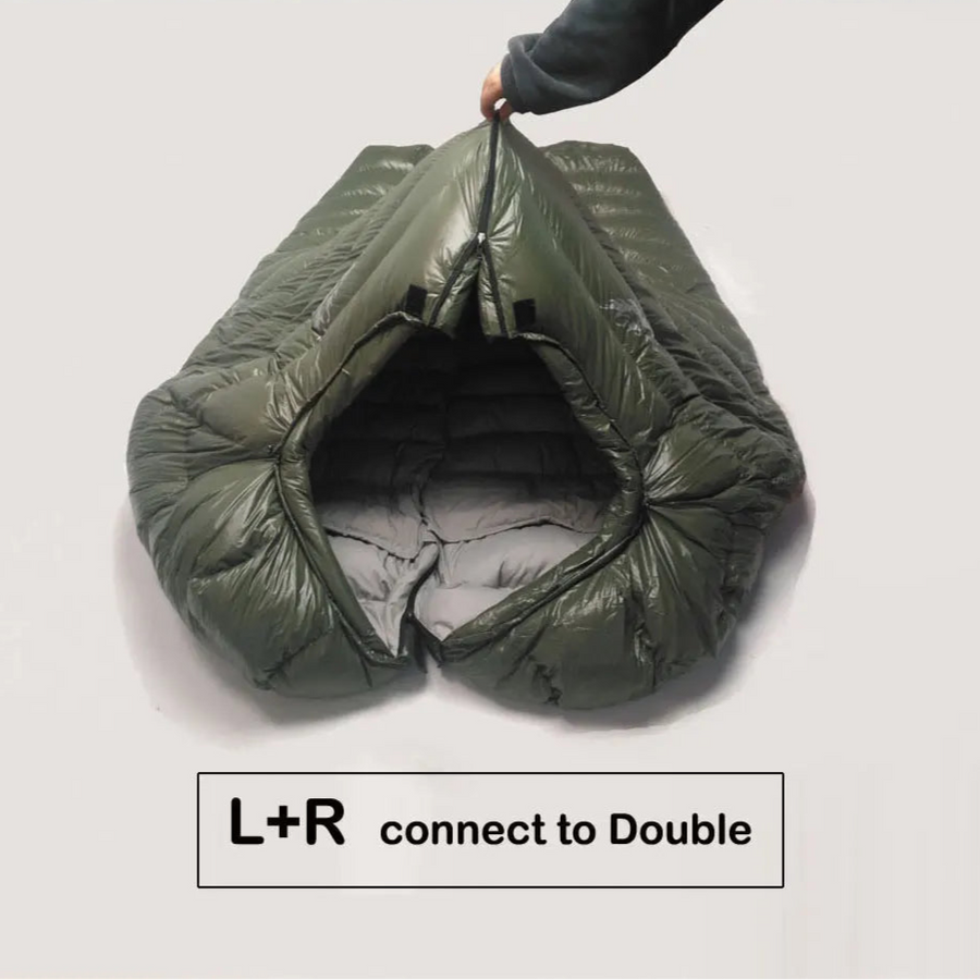 Green sleeping bag with a person holding it open on a white background