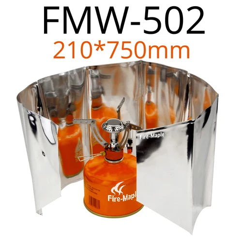 Metallic stove with Fire-Maple fuel canisters on a white background, featuring 'FMW-502' and dimensions '210*750mm'.