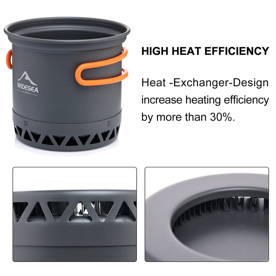 Gray camping pot with orange handles and WideSea branding, highlighting high heat efficiency.